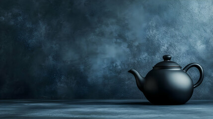An elegant black teapot isolated against a moody blue backdrop, perfect for showcasing culinary artistry.