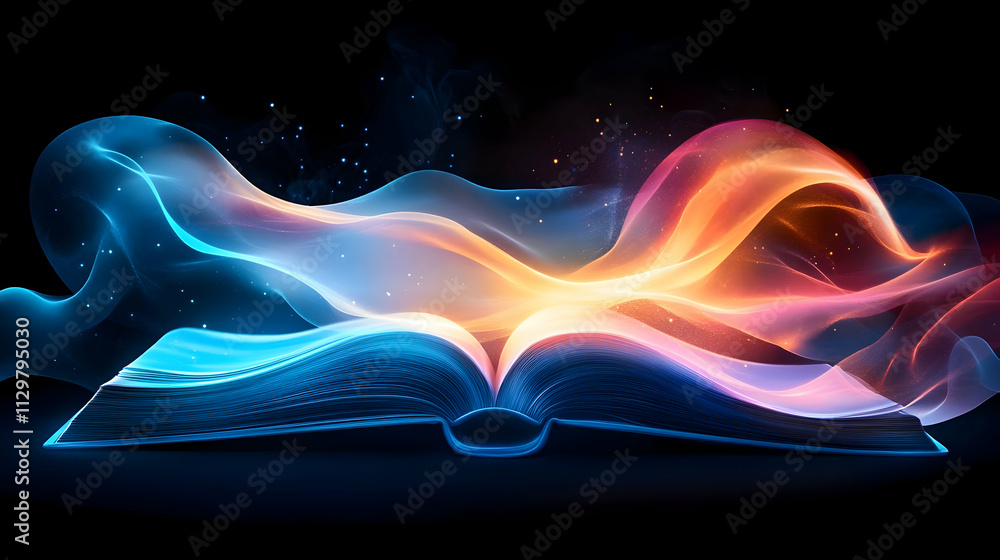 Poster an enchanting open book with flowing vibrant colors representing creativity and imagination.
