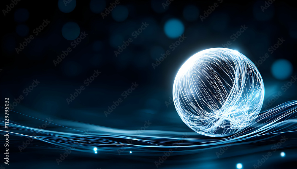 Poster an ethereal glowing sphere surrounded by flowing light waves against a dark backdrop, creating a sen