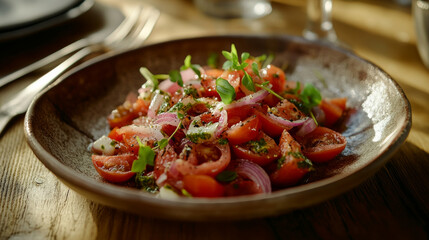 Tomato and Red Onion Salad with Pesto, Rustic Italian Dish