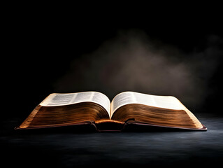 An open book illuminated against a dark background, symbolizing knowledge and enlightenment.