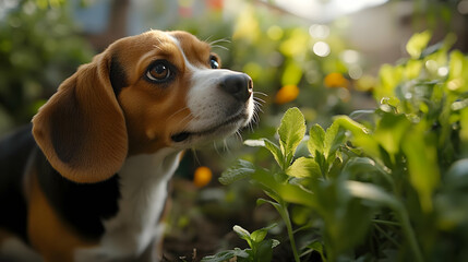 A curious beagle exploring a vibrant garden filled with fresh greenery and colorful flowers.