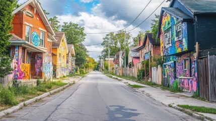 Fototapeta premium Narrow empty street perspective with living houses covered with colorful graffiti