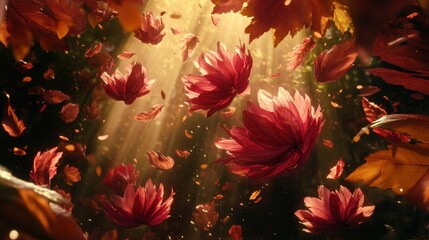 Red Flowers and Leaves Falling in Golden Light