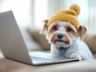 A cute dog wearing a yellow hat and tie, sitting by a laptop in a cozy indoor setting.