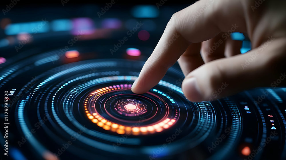 Poster a close-up of a finger interacting with a glowing digital interface showcasing vibrant data visualiz