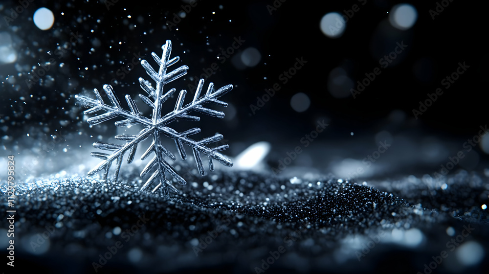 Poster a close-up of a delicate snowflake resting on shimmering snow, capturing the beauty of winter's frag