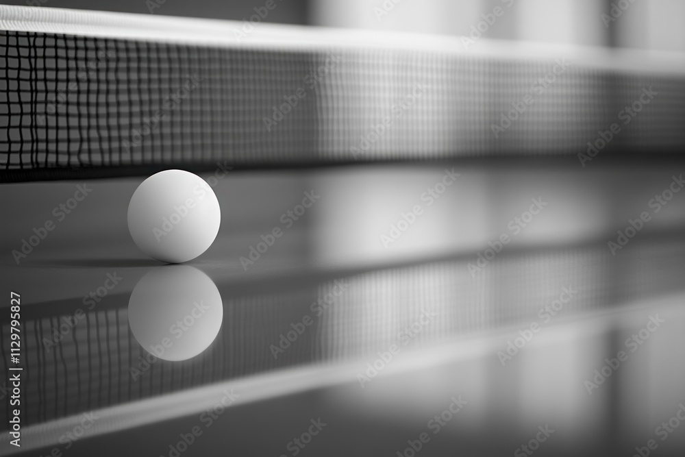 Poster Close-up of a ping pong ball on a reflective table, with the net in the background.