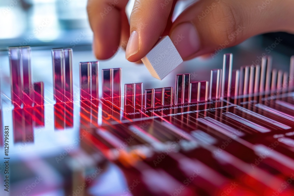 Aufkleber Hand placing cube on interactive data graph display.