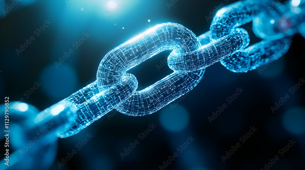 Poster a close-up of a futuristic digital chain element, representing connectivity and blockchain innovatio