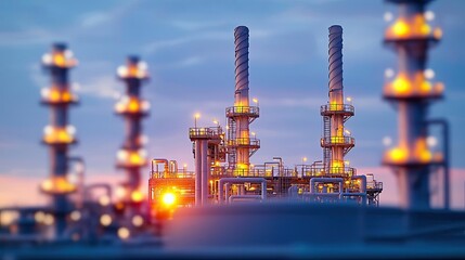 Obraz premium Oil petroleum idea. Industrial facility at sunset with glow from smokestacks and equipment.