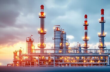 Obraz premium Oil petroleum idea. A modern industrial facility with tall smokestacks against a cloudy skyline.