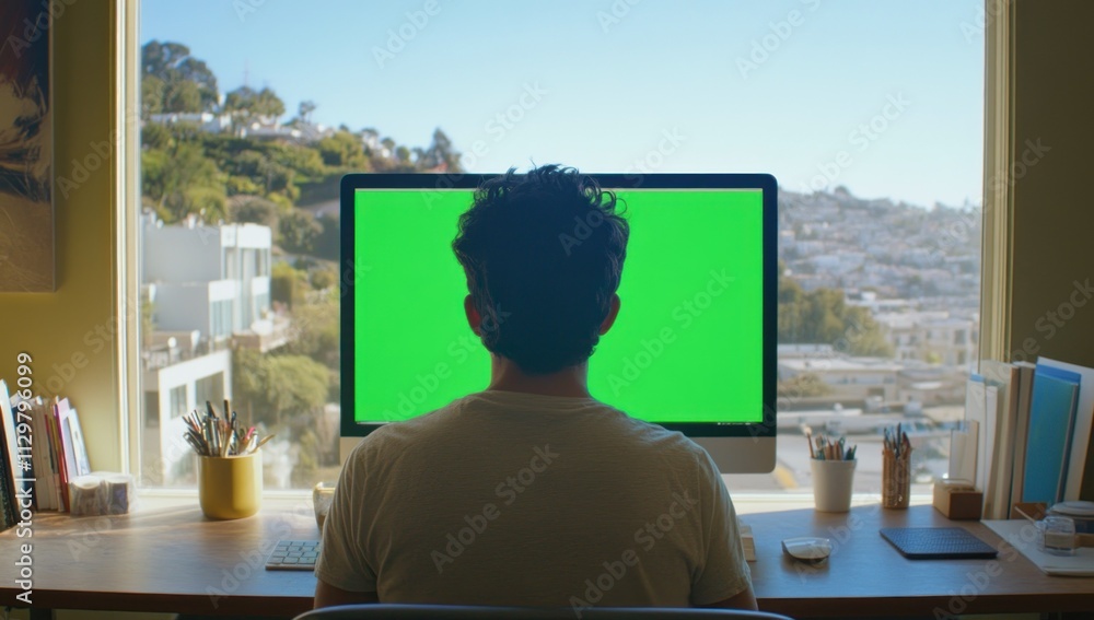 Poster man sits at desk facing green screen computer, city view from window.
