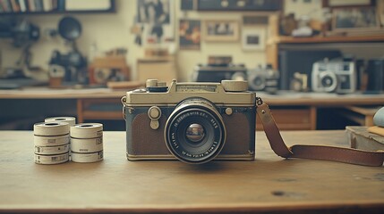 Vintage camera and film rolls on wooden desk in photographer's studio.