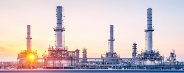 Obraz premium Oil petroleum idea. Industrial landscape featuring smoke stacks at sunrise against a clear blue sky.