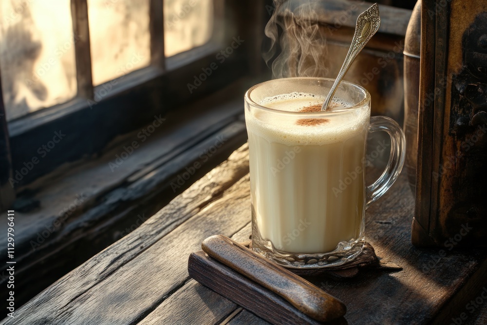 Poster steaming mug of creamy beverage with cinnamon on rustic wooden windowsill.