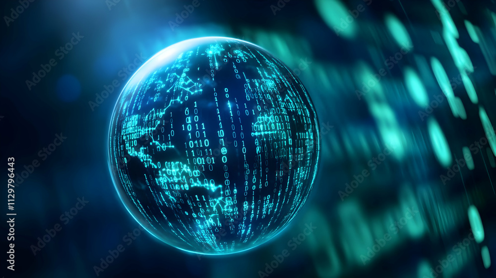 Poster a digital globe surrounded by flow of binary data, symbolizing global connectivity and technological
