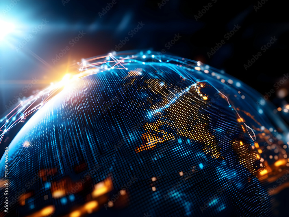 Poster a digital globe illuminated with connections and data flow, symbolizing global networking and techno