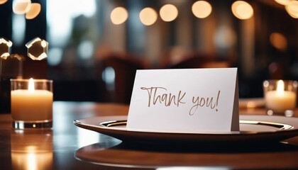 Card with "Thank you" on the table in restaurant.