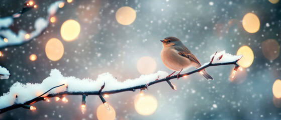 Winter Bird on Snow Branch with Christmas Lights