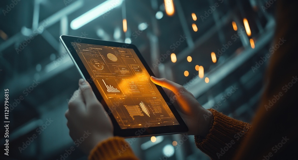 Poster Person using tablet displaying data charts and graphs.