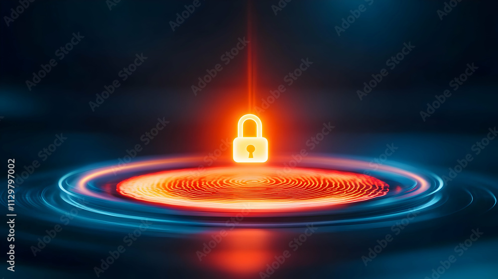 Poster a glowing padlock icon surrounded by wave patterns, symbolizing digital security and protection in a