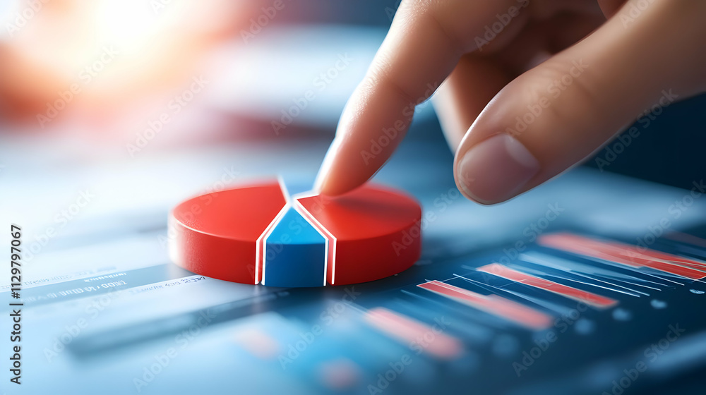 Poster a hand interacting with a colorful pie chart on a digital screen, symbolizing data analysis and deci