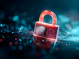 A glowing red lock surrounded by vibrant digital particles, symbolizing data security and protection.