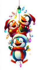 Christmas Penguins Decorating Lights: Festive Digital Art