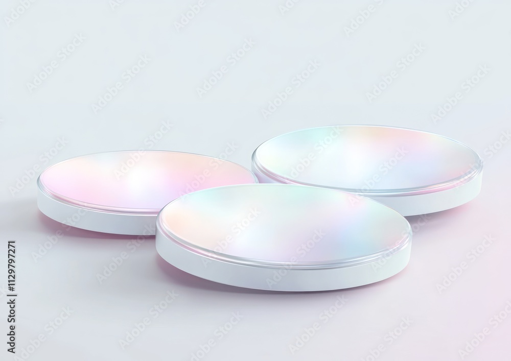 Poster three iridescent circular platforms on a white background.