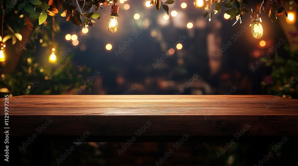 Aufkleber empty wooden table top with lights and bokeh in dark setting