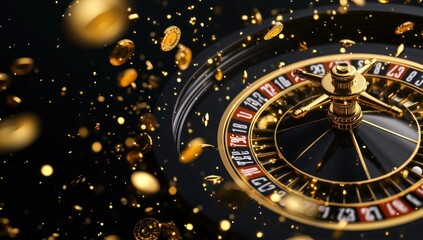 Naklejka premium Golden Roulette Wheel with Falling Coins