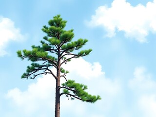 Obraz premium Watercolor artwork featuring a majestic pine fir tree against a gradient blue sky with white clouds, christmas tree, winter forest