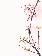 Fototapeta premium Watercolor background featuring delicate cherry blossom branches on a soft pink backdrop, delicate, pastel, Japanese