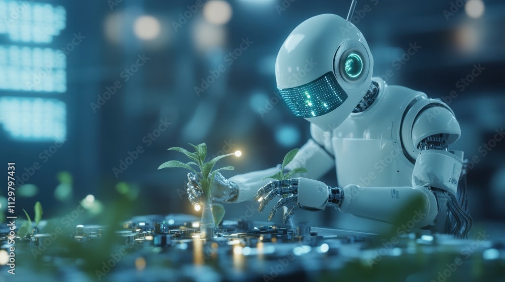 Poster futuristic robot cultivating plants in a high-tech environment, showcasing the harmony between techn