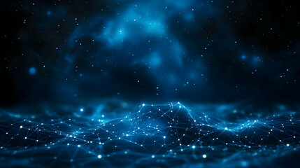 A mesmerizing blue abstract digital landscape with glowing particles and waves representing futuristic technology.