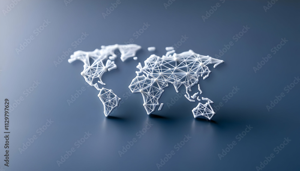 Poster a modern geometric representation of the world map with interconnected lines symbolizing global conn