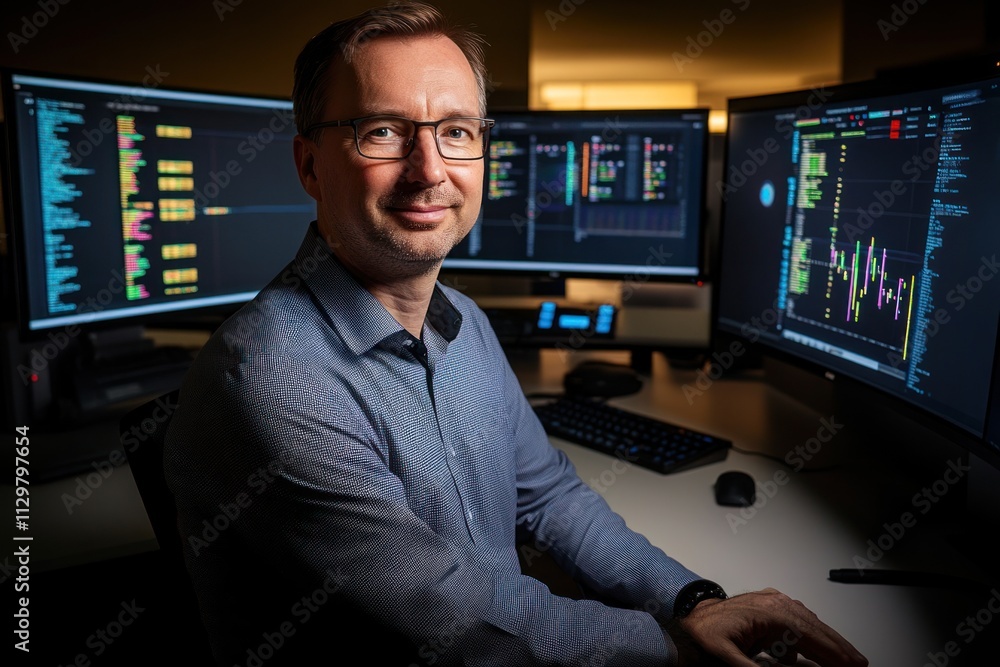 Aufkleber Smiling man sits at desk with multiple computer monitors displaying data and code.