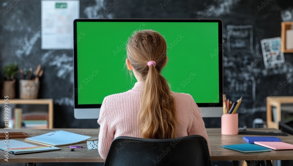 Poster Girl using computer with green screen. (1)