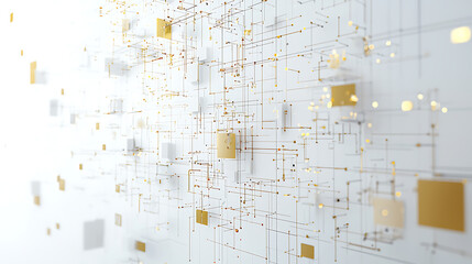 A white background with gold squares and lines