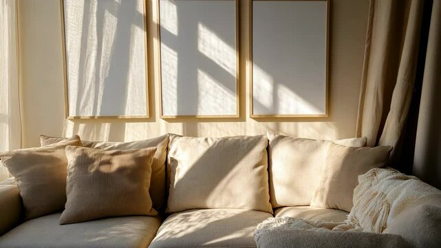 Soft golden light illuminates a cozy living room with neutral tones and empty frames on the wall