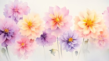 Fototapeta premium A subtle watercolor painting of dahlias, showcasing soft shades of pink, lavender, and yellow with minimalistic strokes, set on a light gray backdrop, perfect for a calming and refined aesthetic 