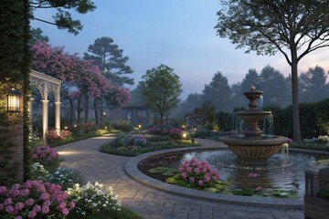 Water features in a garden at dusk surrounded by blooming flowers and trees, serene scenery, garden decor, blooming flowers