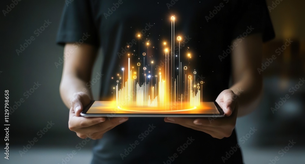 Poster person holding tablet displaying glowing data graph.