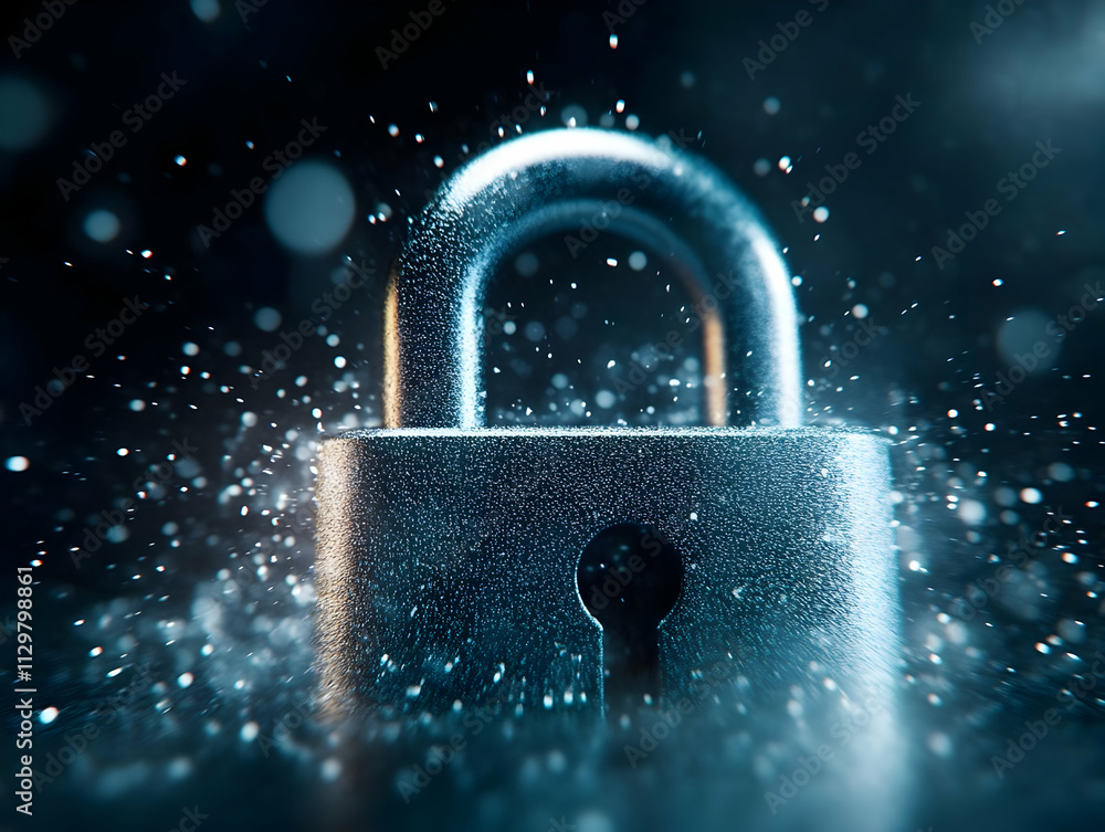 Poster a shiny padlock surrounded by sparkling particles, symbolizing security and protection in the digita