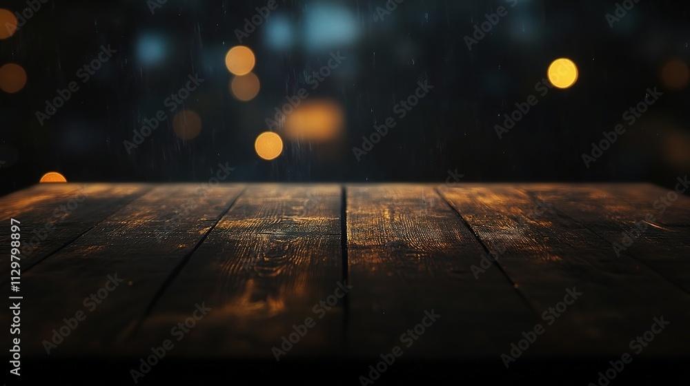 Aufkleber empty wooden table surface with bokeh lights in dark setting