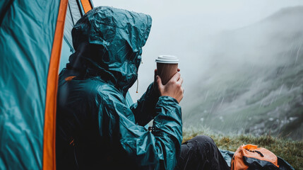 Sipping coffee inside tent during rainy day, wearing rain jacket
