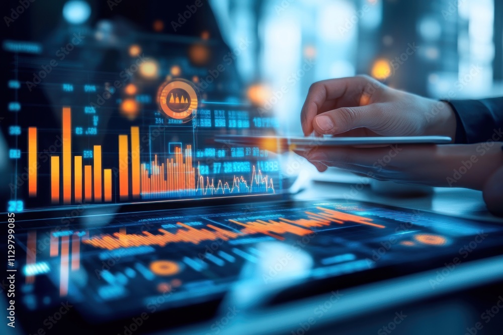 Poster Close-up of hands using tablet displaying financial data graphs and charts on laptop screen.
