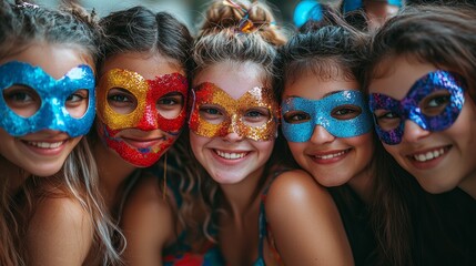 Obraz premium A joyful group of friends gathers together, sporting vibrant, sparkling masquerade masks. Their radiant smiles and playful poses capture the energetic atmosphere of this cheerful celebration