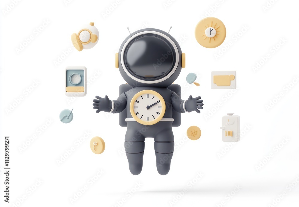 Poster 3D astronaut with floating icons representing time management, exploration, and innovation.
